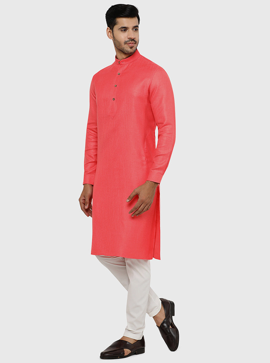Punch Pink Self Textured Regular Fit Modi Kurta | JadeBlue