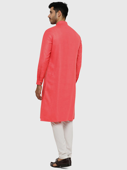 Punch Pink Self Textured Regular Fit Modi Kurta | JadeBlue