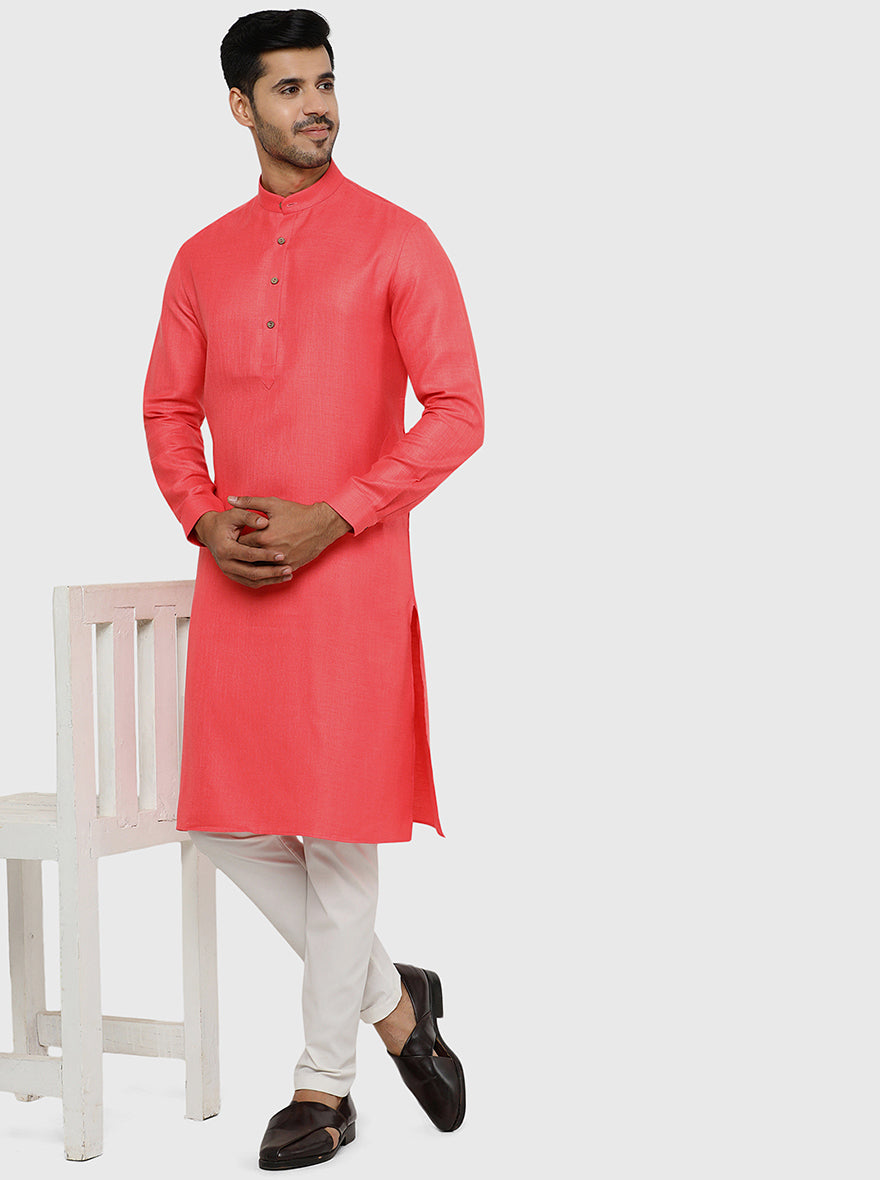 Punch Pink Self Textured Regular Fit Modi Kurta | JadeBlue