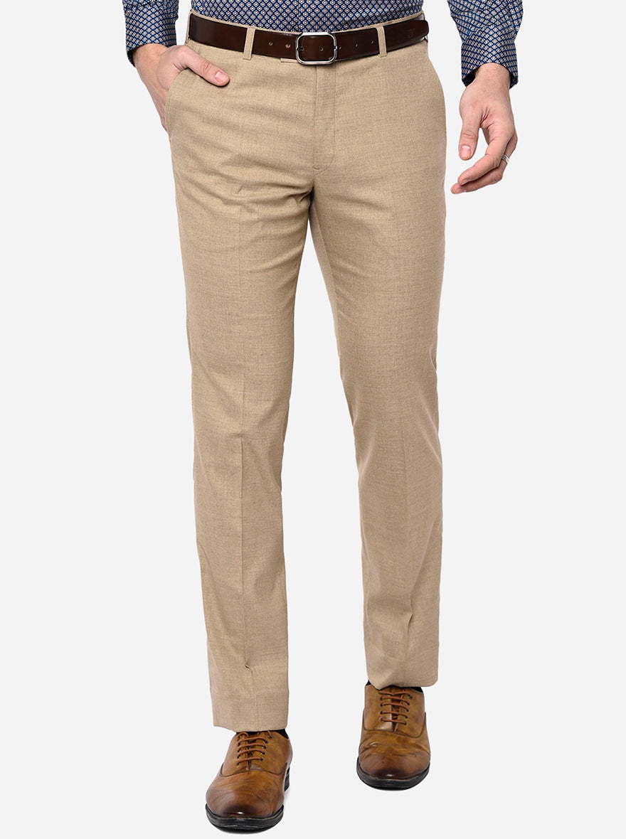 Light Beige Solid Slim Fit Formal Trouser | Greenfibre