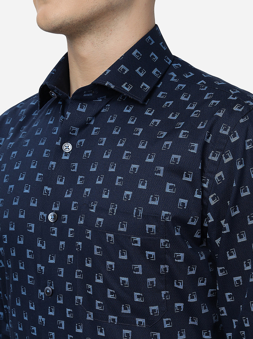 Blue Printed Slim Fit Formal Shirt | JadeBlue