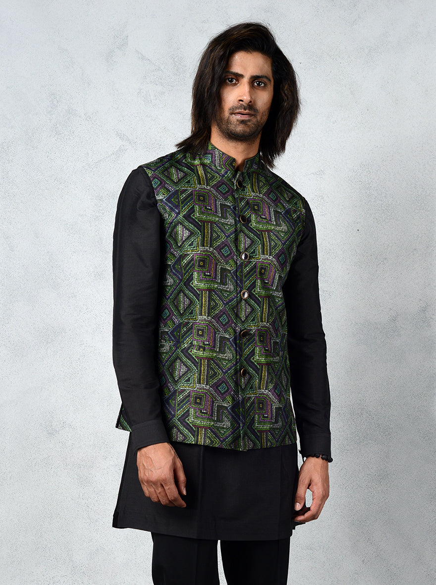 Green & Black Bandhgala Jacket | Azania