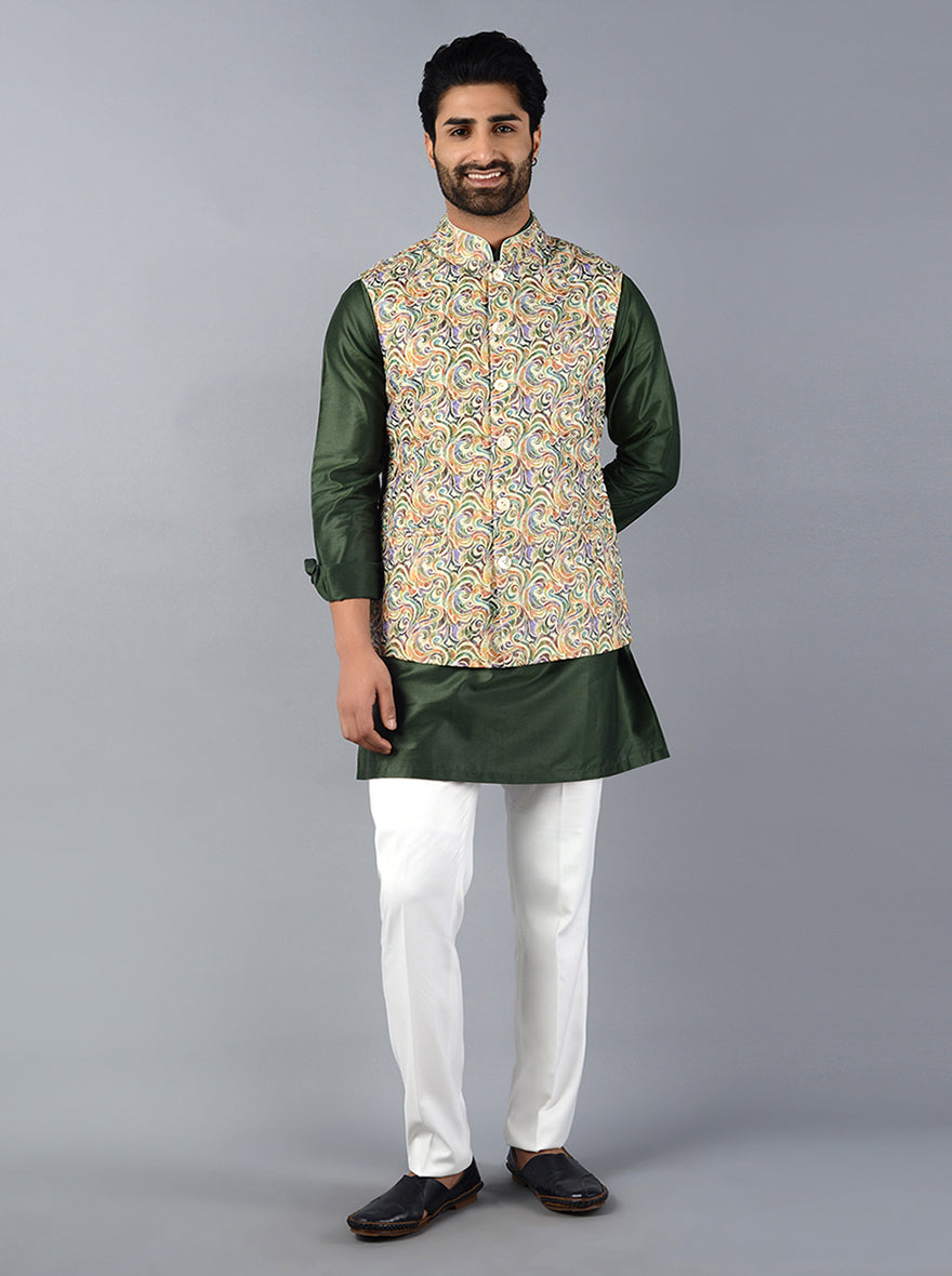 Multi Green Printed & Embroidered Regular Fit Bandhgala Jacket | TULA