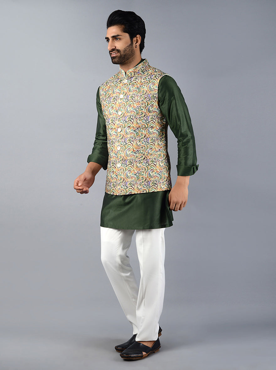 Multi Green Printed & Embroidered Regular Fit Bandhgala Jacket | TULA