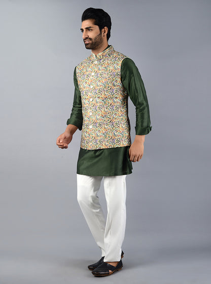Multi Green Printed & Embroidered Regular Fit Bandhgala Jacket | TULA