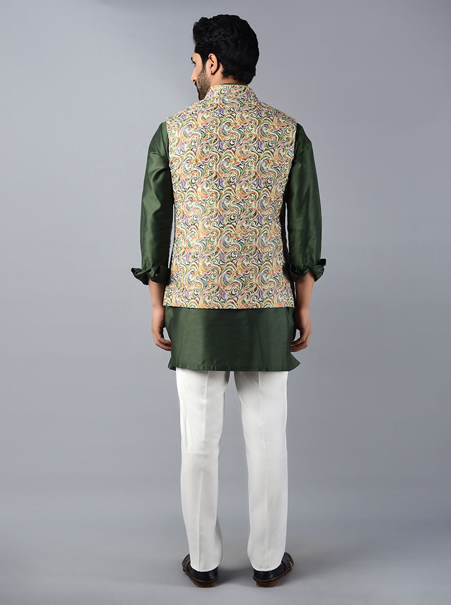 Multi Green Printed & Embroidered Regular Fit Bandhgala Jacket | TULA