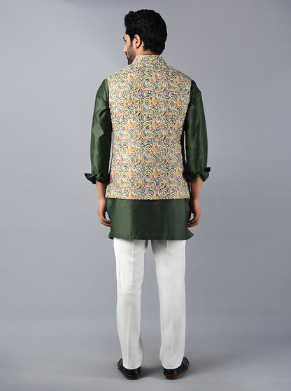 Multi Green Printed & Embroidered Regular Fit Bandhgala Jacket | TULA