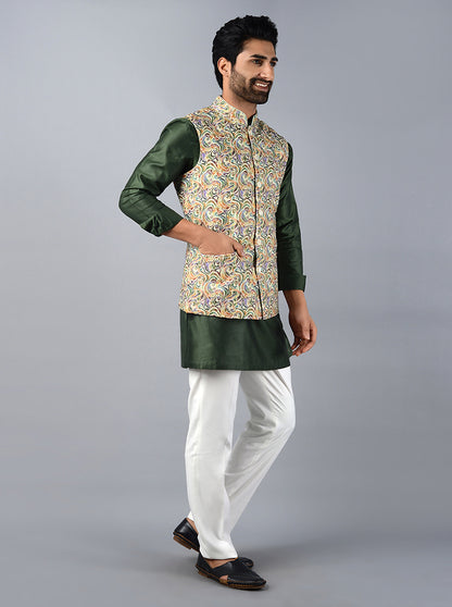 Multi Green Printed & Embroidered Regular Fit Bandhgala Jacket | TULA