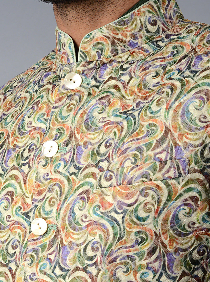Multi Green Printed & Embroidered Regular Fit Bandhgala Jacket | TULA