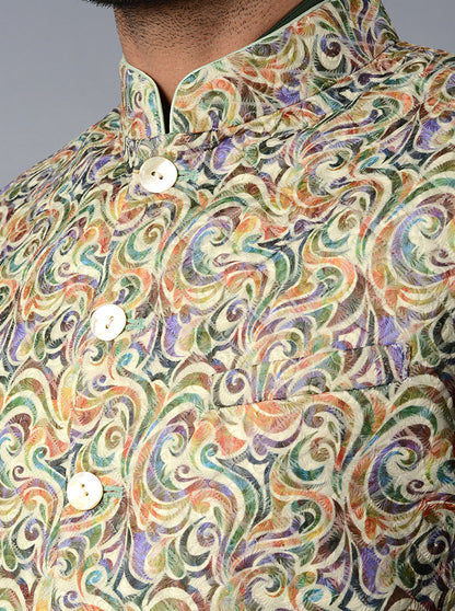 Multi Green Printed & Embroidered Regular Fit Bandhgala Jacket | TULA