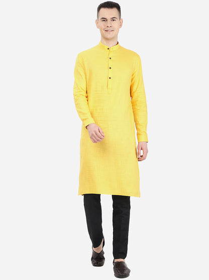 Bright Yellow Self Textured Regular Fit Modi Kurta | Modi Kurta