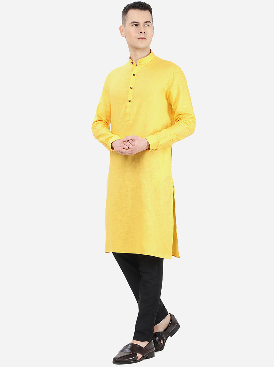 Bright Yellow Self Textured Regular Fit Modi Kurta | Modi Kurta
