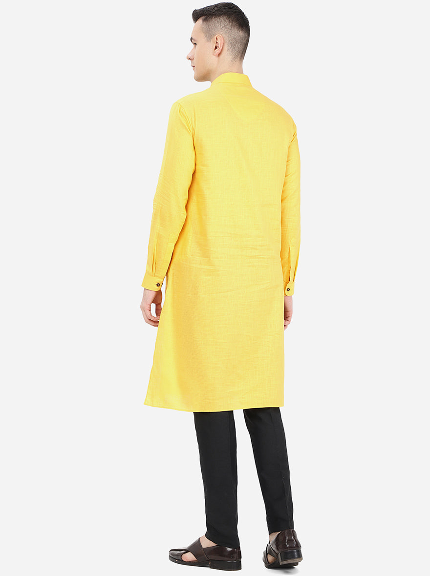 Bright Yellow Self Textured Regular Fit Modi Kurta | Modi Kurta