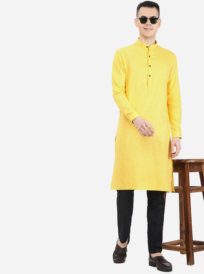 Bright Yellow Self Textured Regular Fit Modi Kurta | Modi Kurta