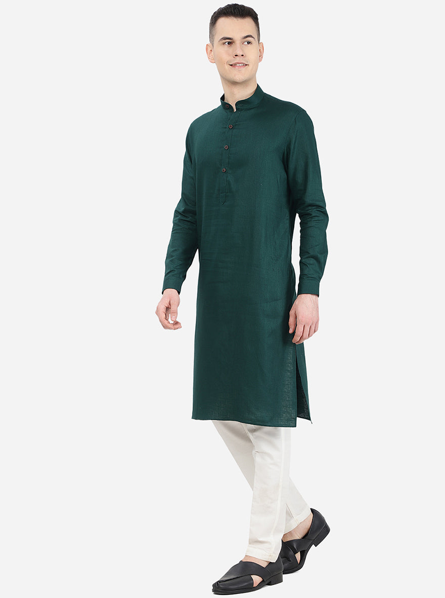 Bottle Green Self Textured Regular Fit Modi Kurta | JadeBlue