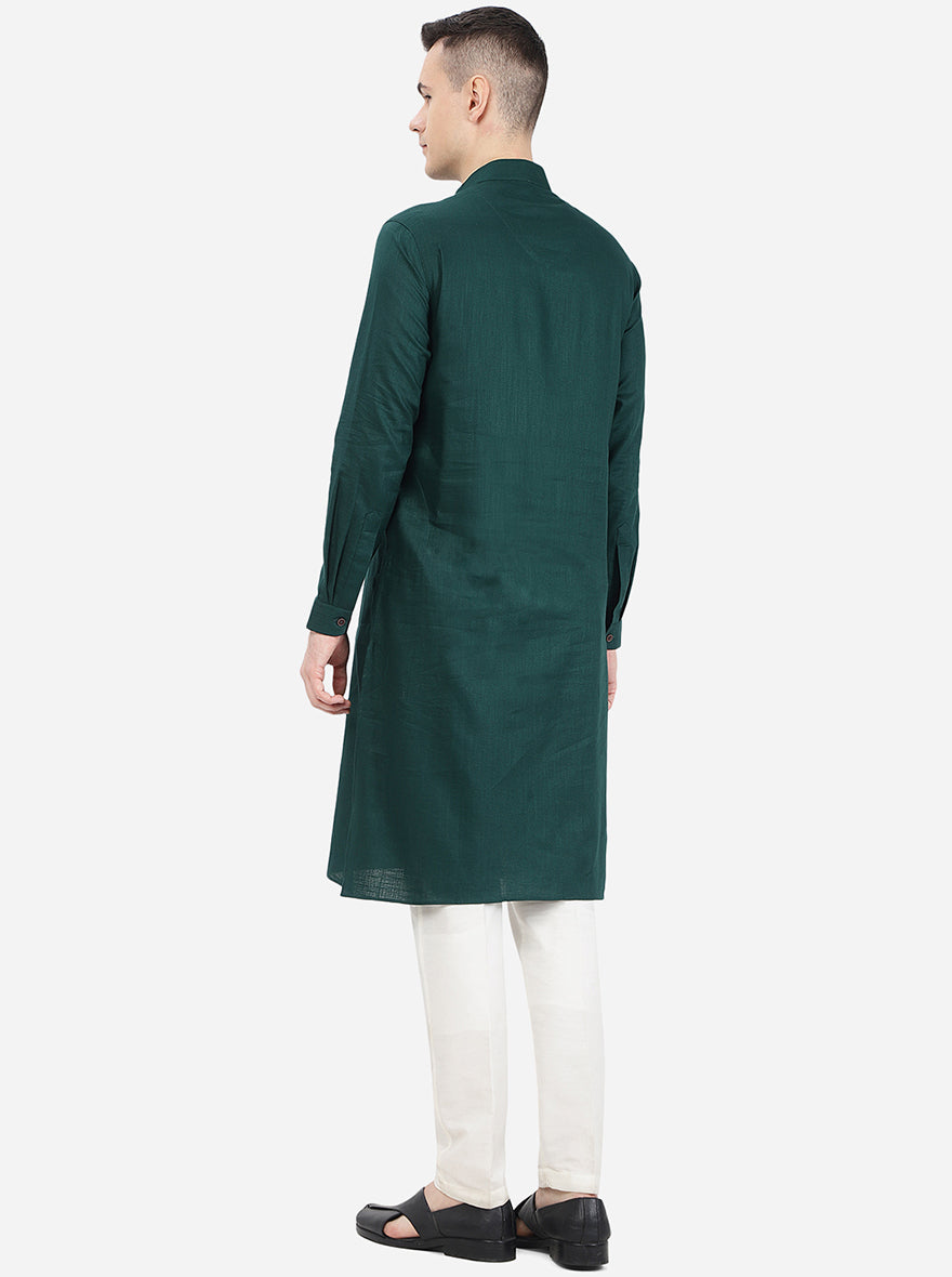Bottle Green Self Textured Regular Fit Modi Kurta | JadeBlue