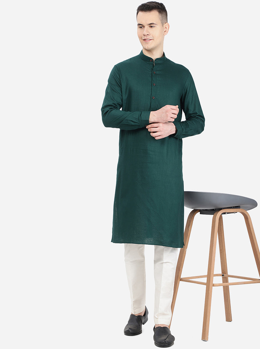 Bottle Green Self Textured Regular Fit Modi Kurta | JadeBlue