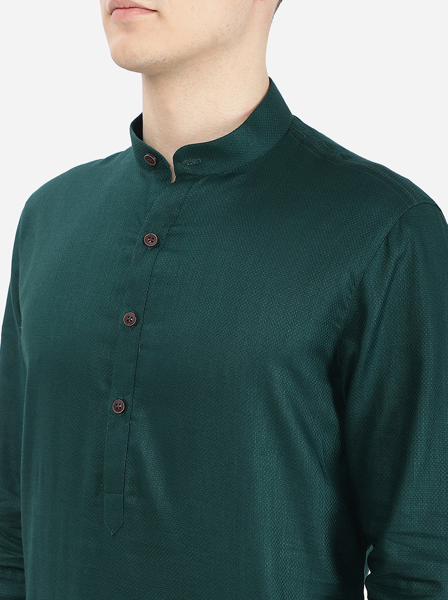 Bottle Green Self Textured Regular Fit Modi Kurta | JadeBlue