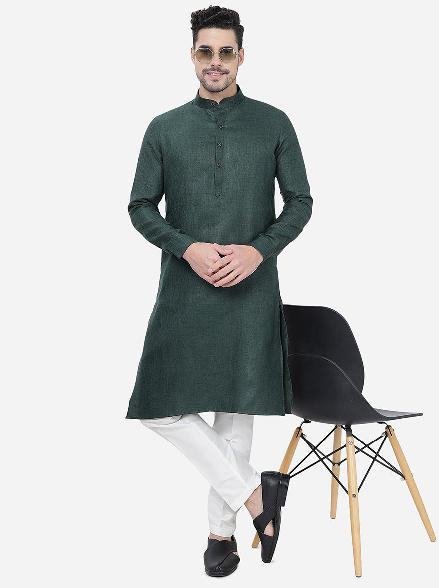 Forest Green Self Textured Regular Fit Modi Kurta | JadeBlue