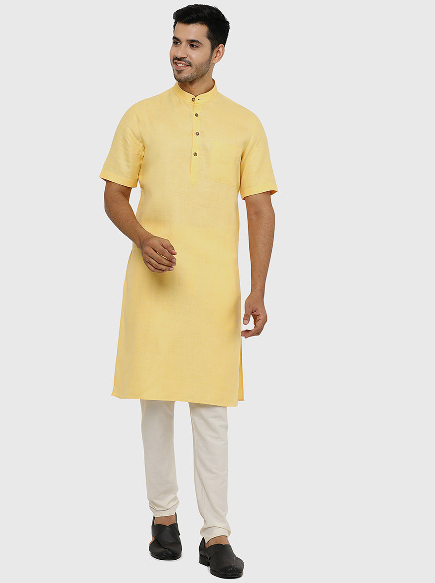 Butter Yellow Self Textured Regular Fit Modi Kurta | JadeBlue