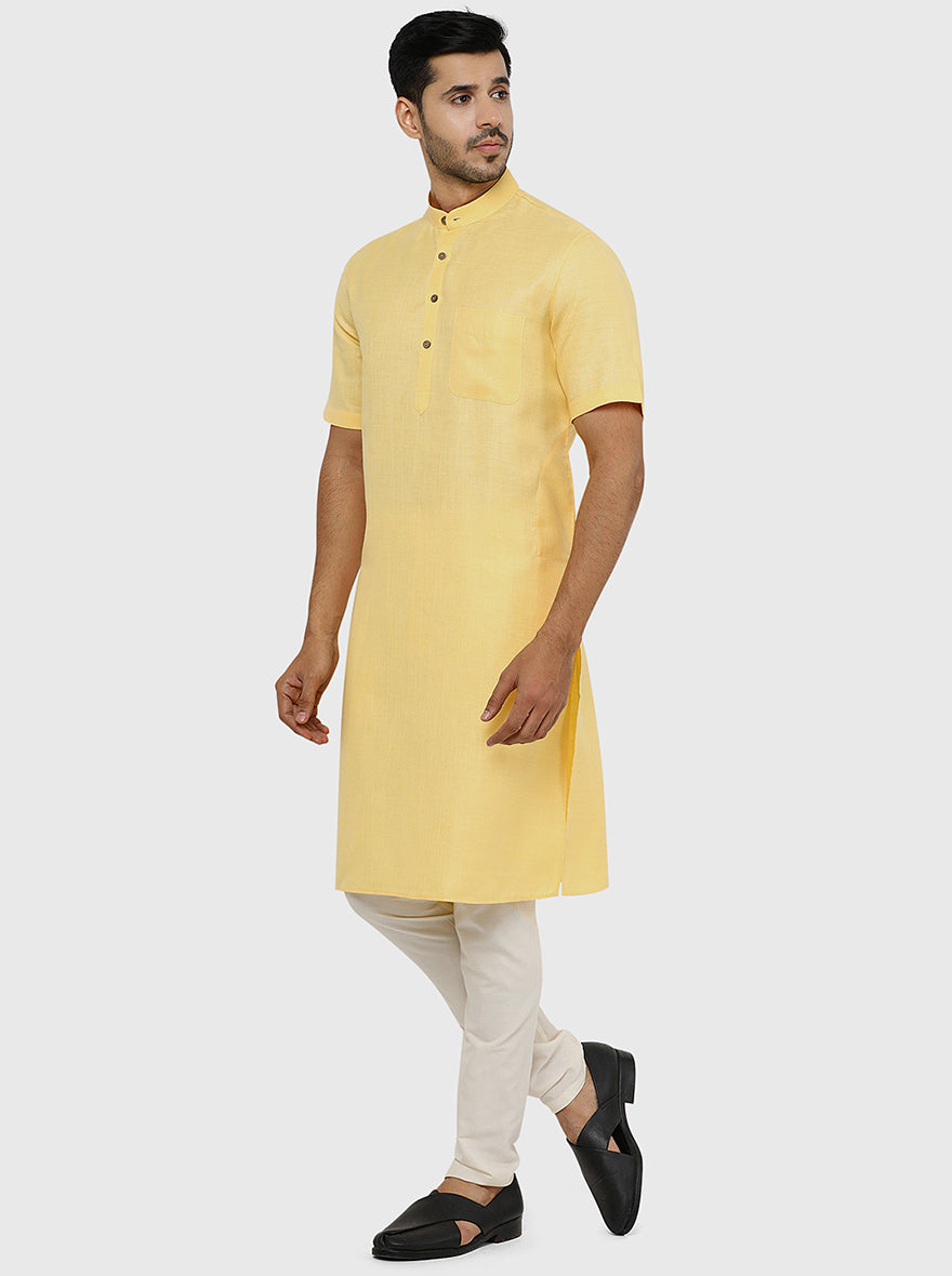 Butter Yellow Self Textured Regular Fit Modi Kurta | JadeBlue