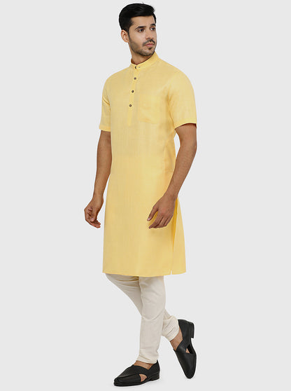 Butter Yellow Self Textured Regular Fit Modi Kurta | JadeBlue