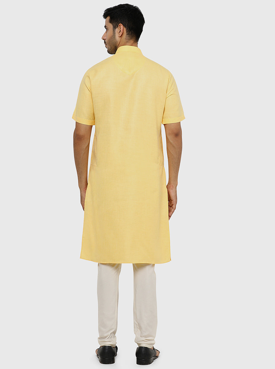 Butter Yellow Self Textured Regular Fit Modi Kurta | JadeBlue