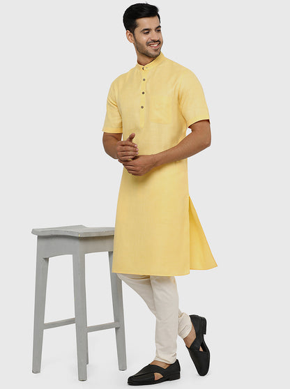 Butter Yellow Self Textured Regular Fit Modi Kurta | JadeBlue