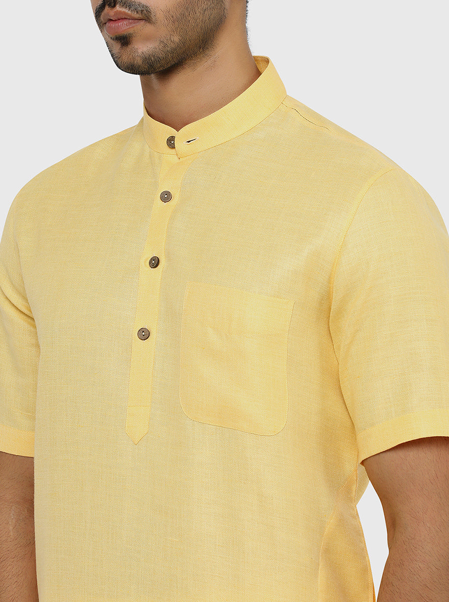 Butter Yellow Self Textured Regular Fit Modi Kurta | JadeBlue