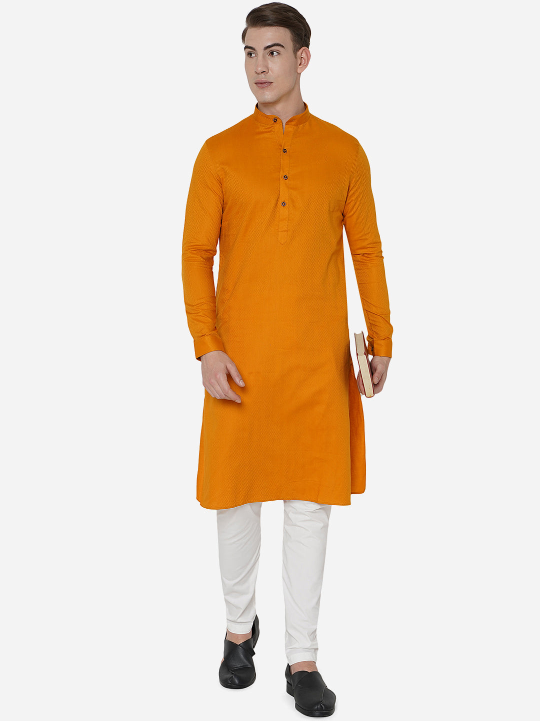 Orange Self Textured Regular Fit Modi Kurta | JadeBlue