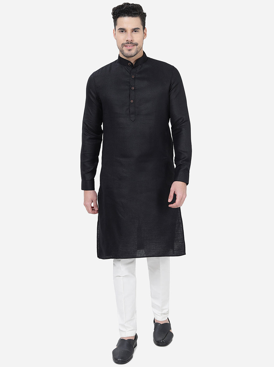 Black Self Textured Regular Fit Modi Kurta | JadeBlue