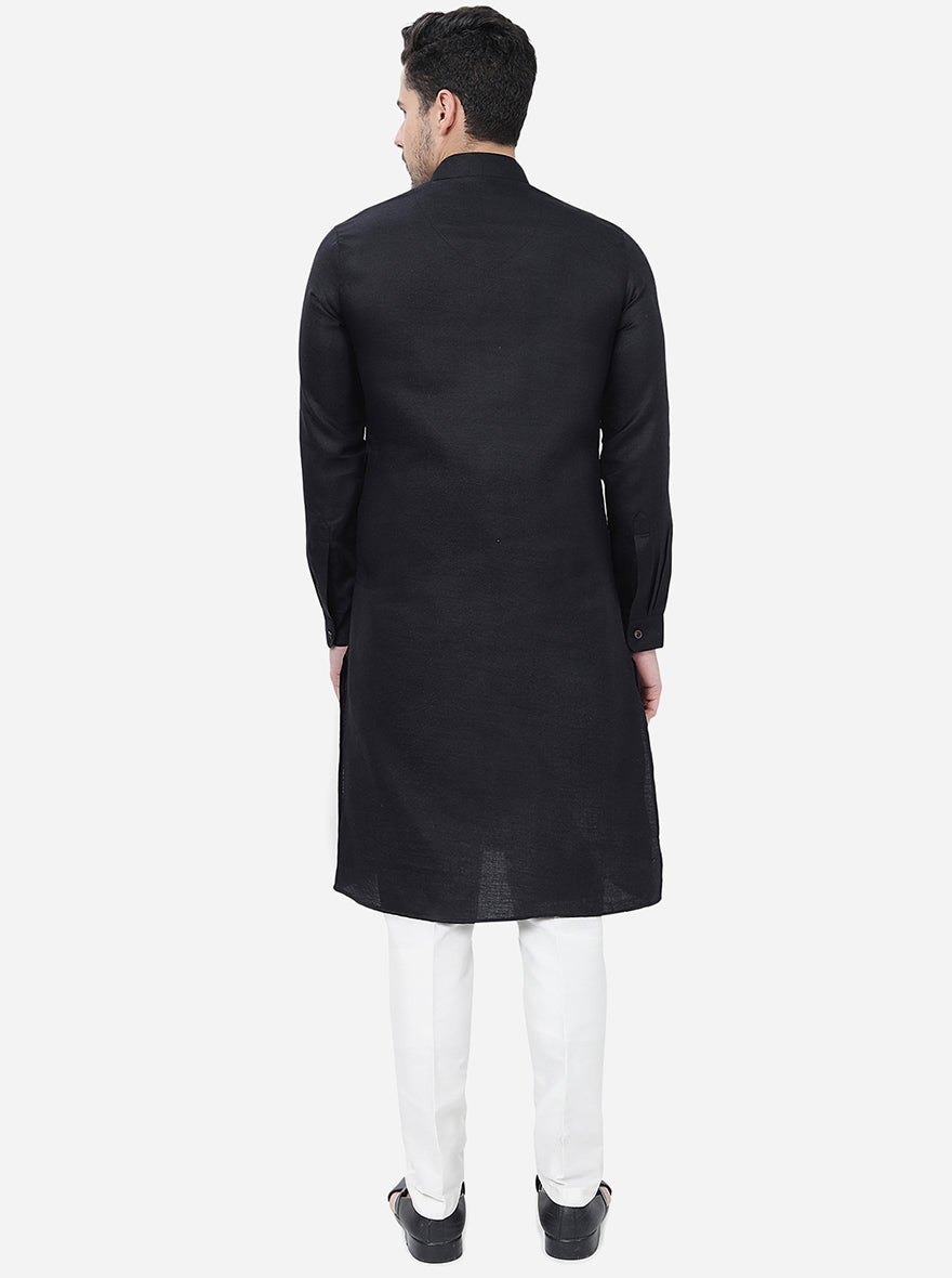 Black Self Textured Regular Fit Modi Kurta | JadeBlue