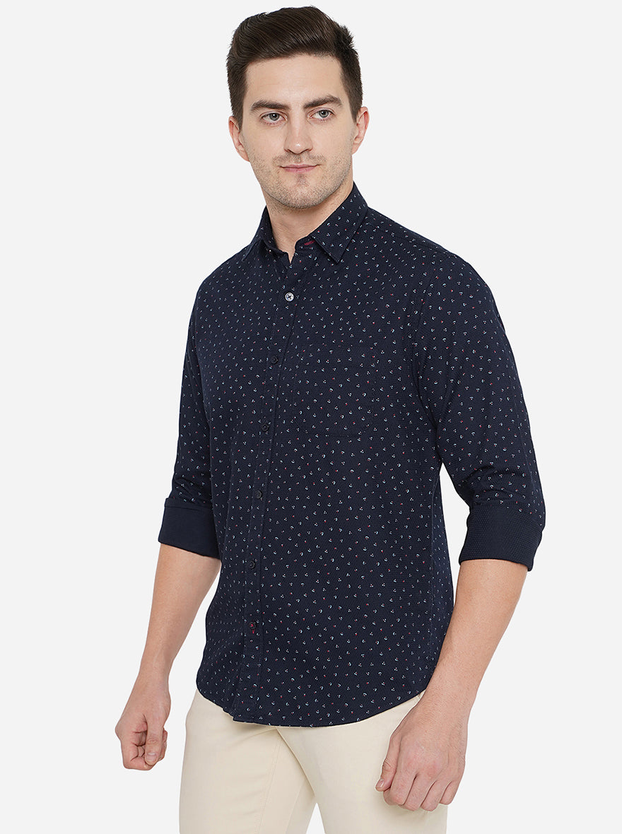 Navy Blue Printed Classic Fit Casual Shirt | Greenfibre
