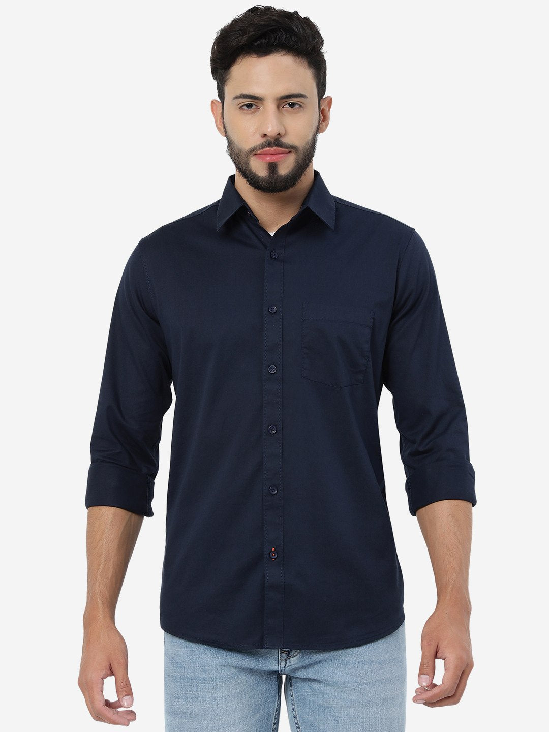 Navy Blue Solid Slim Fit Casual Shirt | JadeBlue