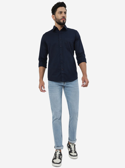 Navy Blue Solid Slim Fit Casual Shirt | JadeBlue