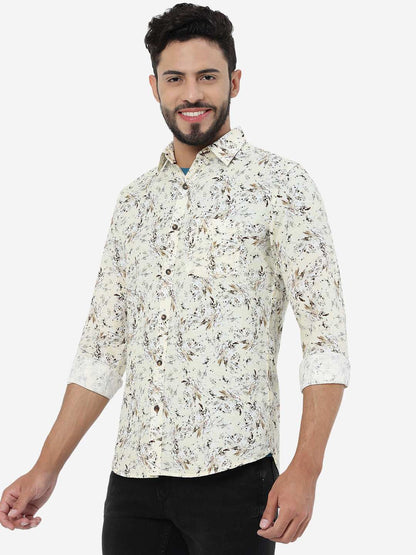 Cream Printed Slim Fit Casual Shirt | JadeBlue
