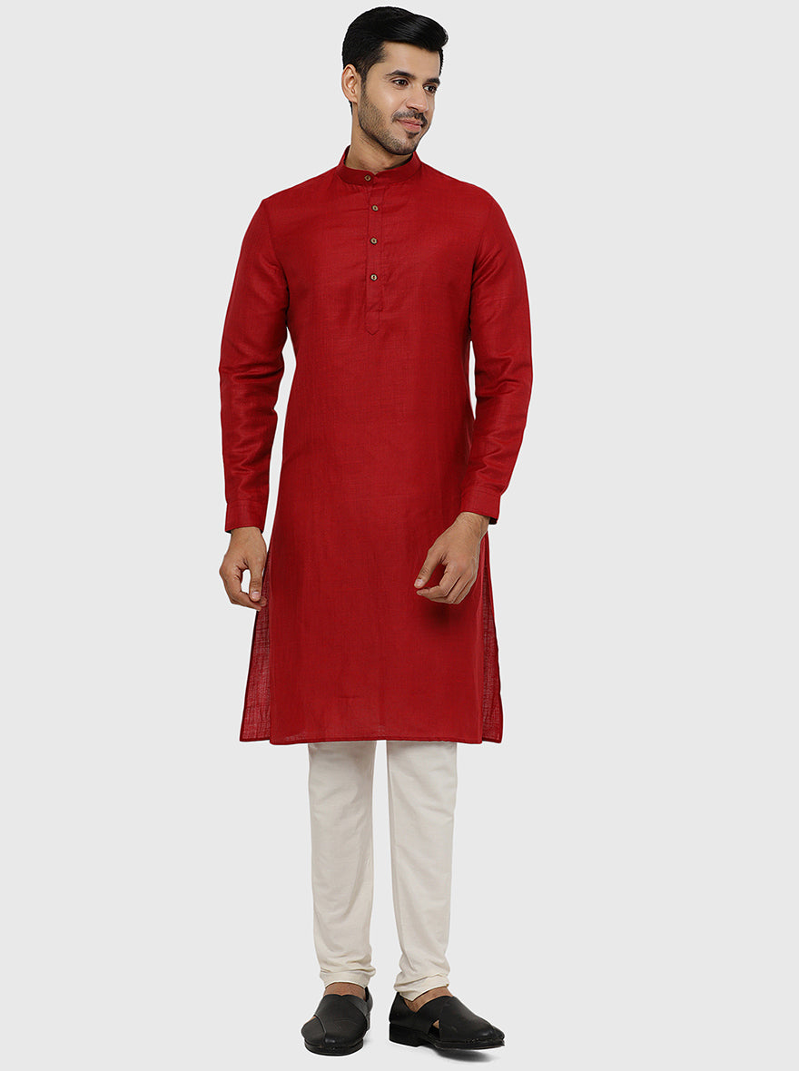 Maroon Self Textured Regular Fit Modi Kurta | JadeBlue