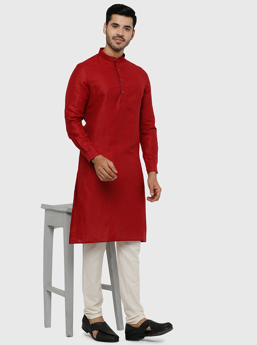 Maroon Self Textured Regular Fit Modi Kurta | JadeBlue