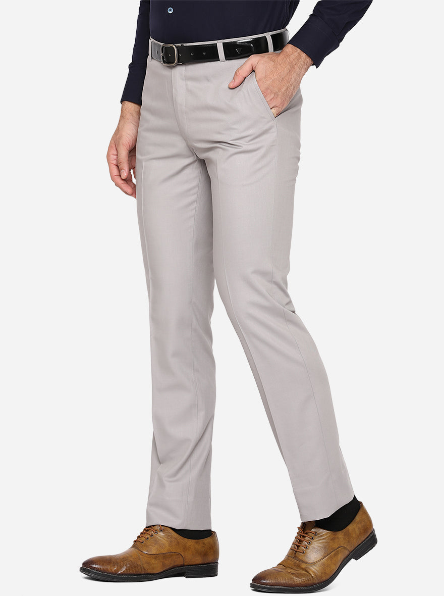 Light Grey Solid Slim Fit Formal Trouser | Metal