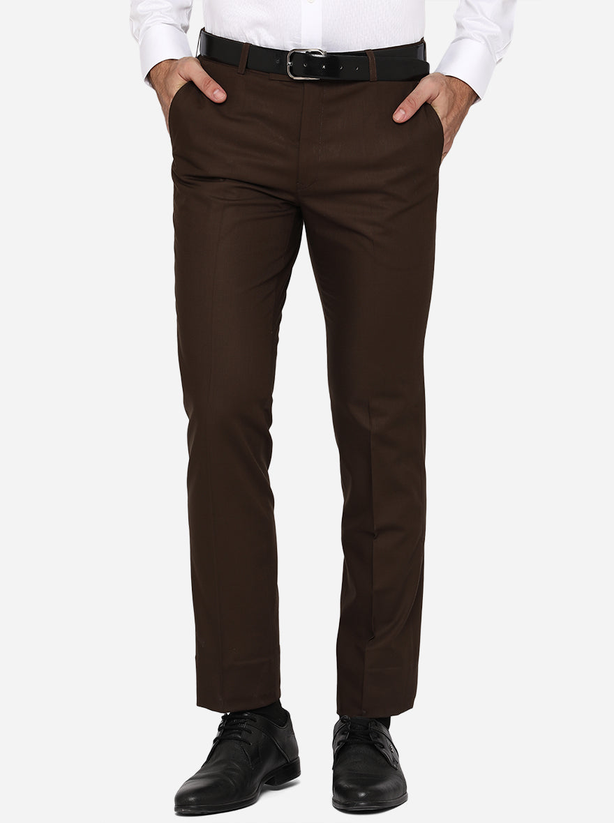 Brown Solid Slim Fit Formal Trouser | Metal