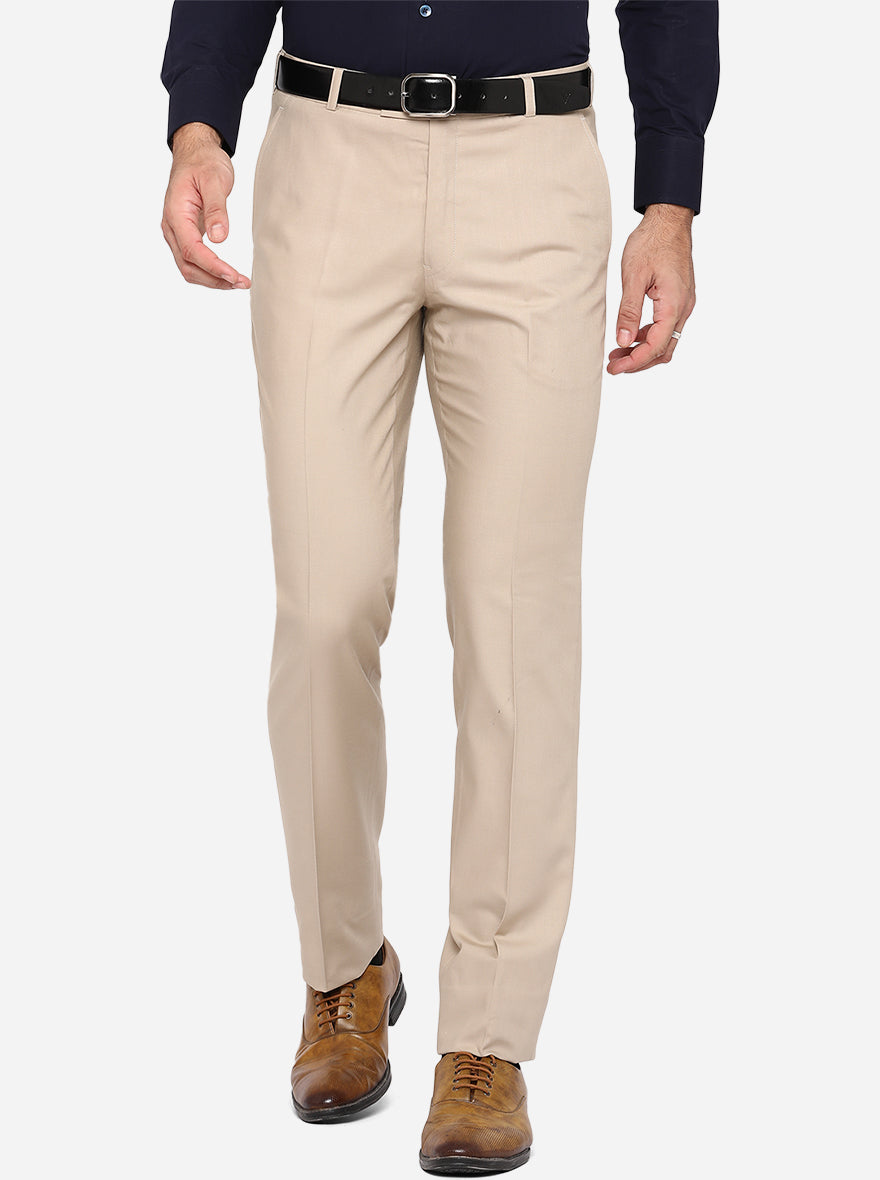 Beige Solid Slim Fit Formal Trouser | Metal