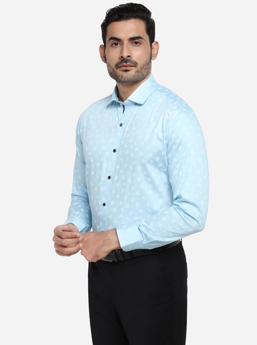 Sky Blue Printed Slim Fit Party wear Shirt | Greenfibre