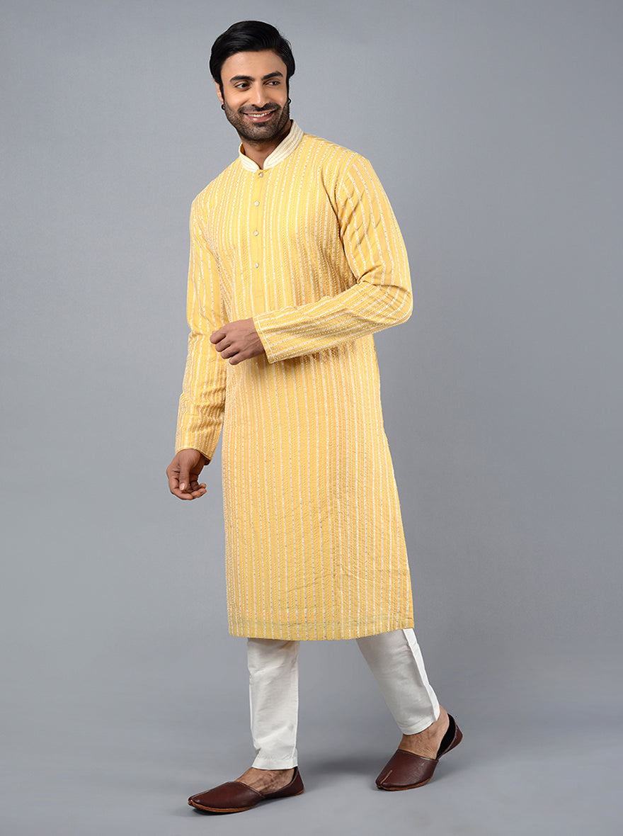 Yellow Embroidered Regular Fit Kurta Pajama | TULA