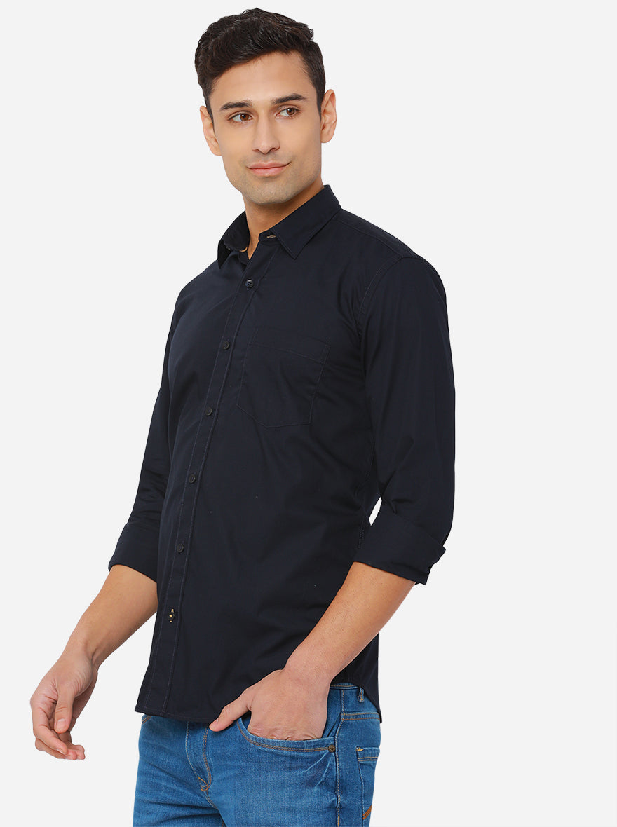 Navy Blue Solid Slim Fit Casual Shirt | Greenfibre