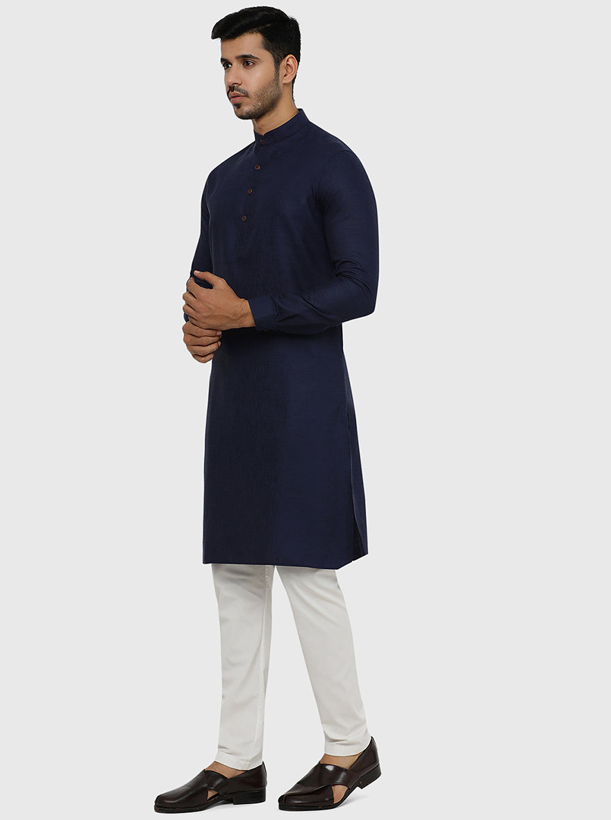 Navy Blue Solid Regular Fit Modi Kurta | JadeBlue