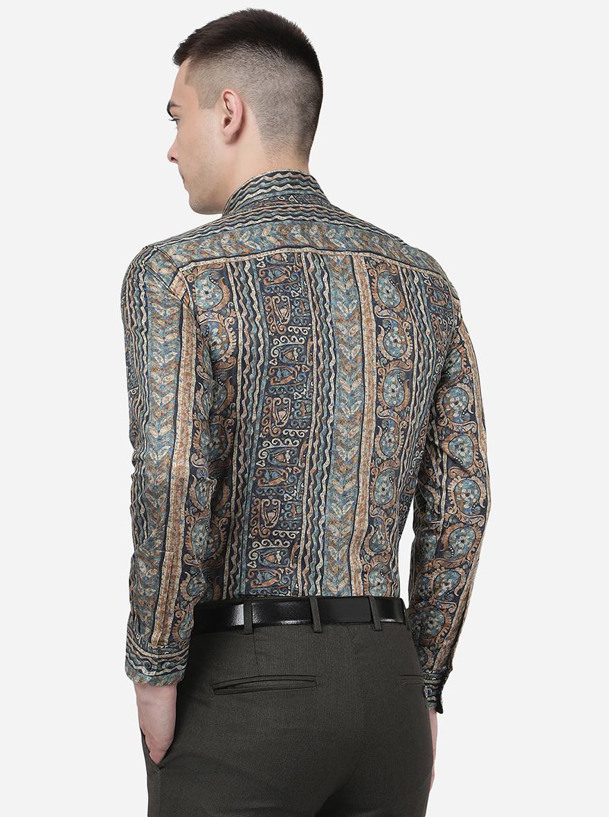 Blue Printed Slim Fit Party Wear Shirt | Wyre